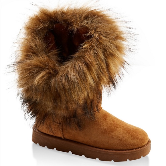 Asymmetrical Tan Faux Fur Boots - Picture 4 of 9